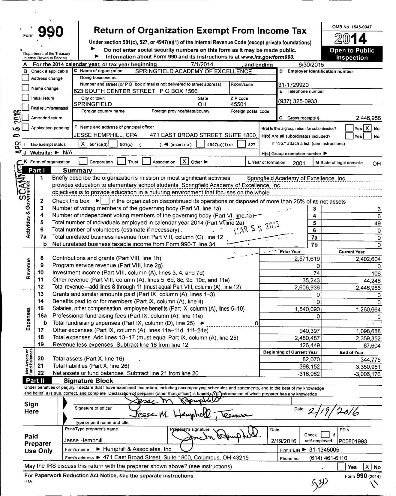 Image of first page of 2014 Form 990 for Springfield Academy of Excellence