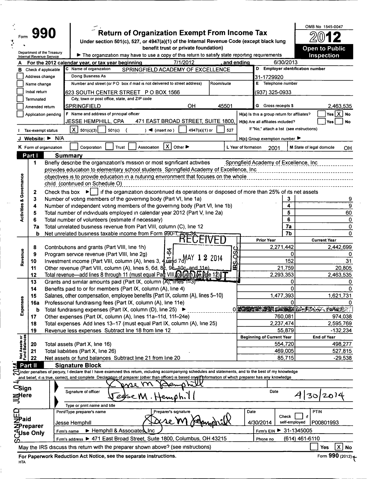 Image of first page of 2012 Form 990 for Springfield Academy of Excellence