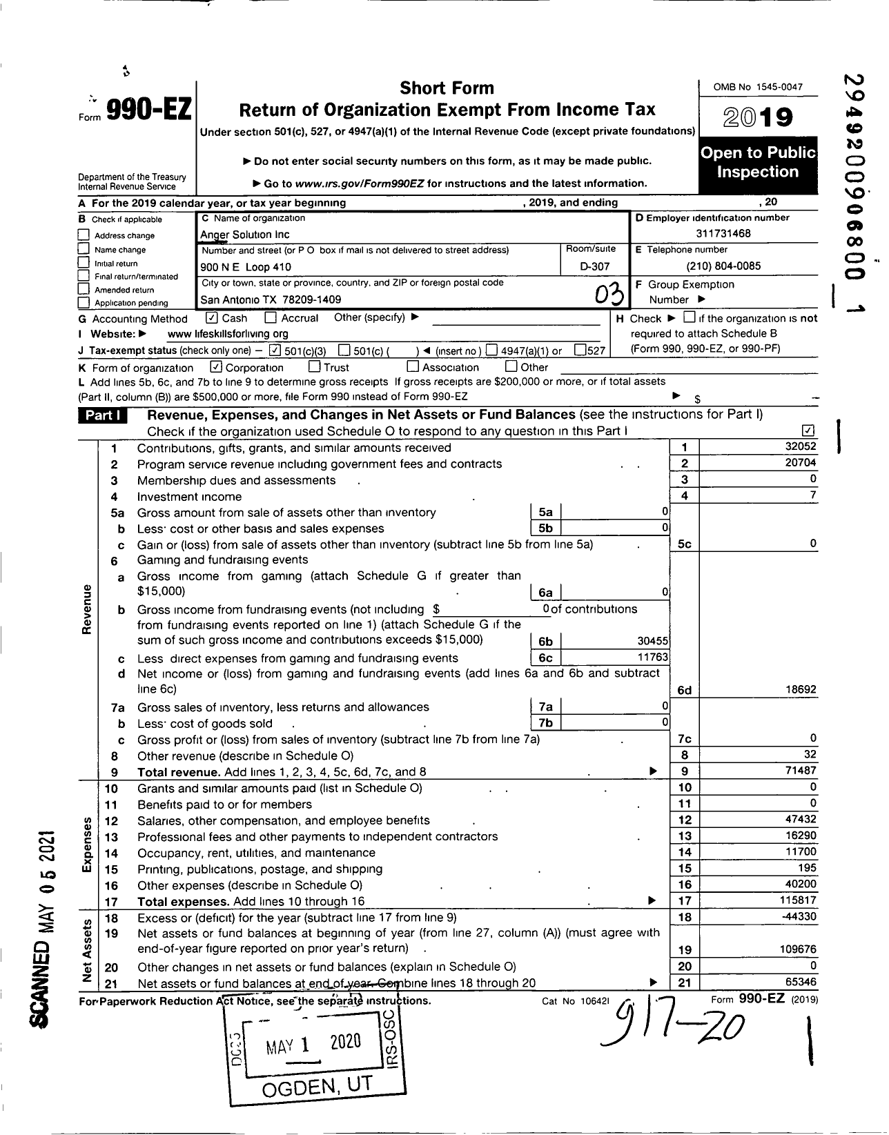 Image of first page of 2019 Form 990EZ for Anger Solutions