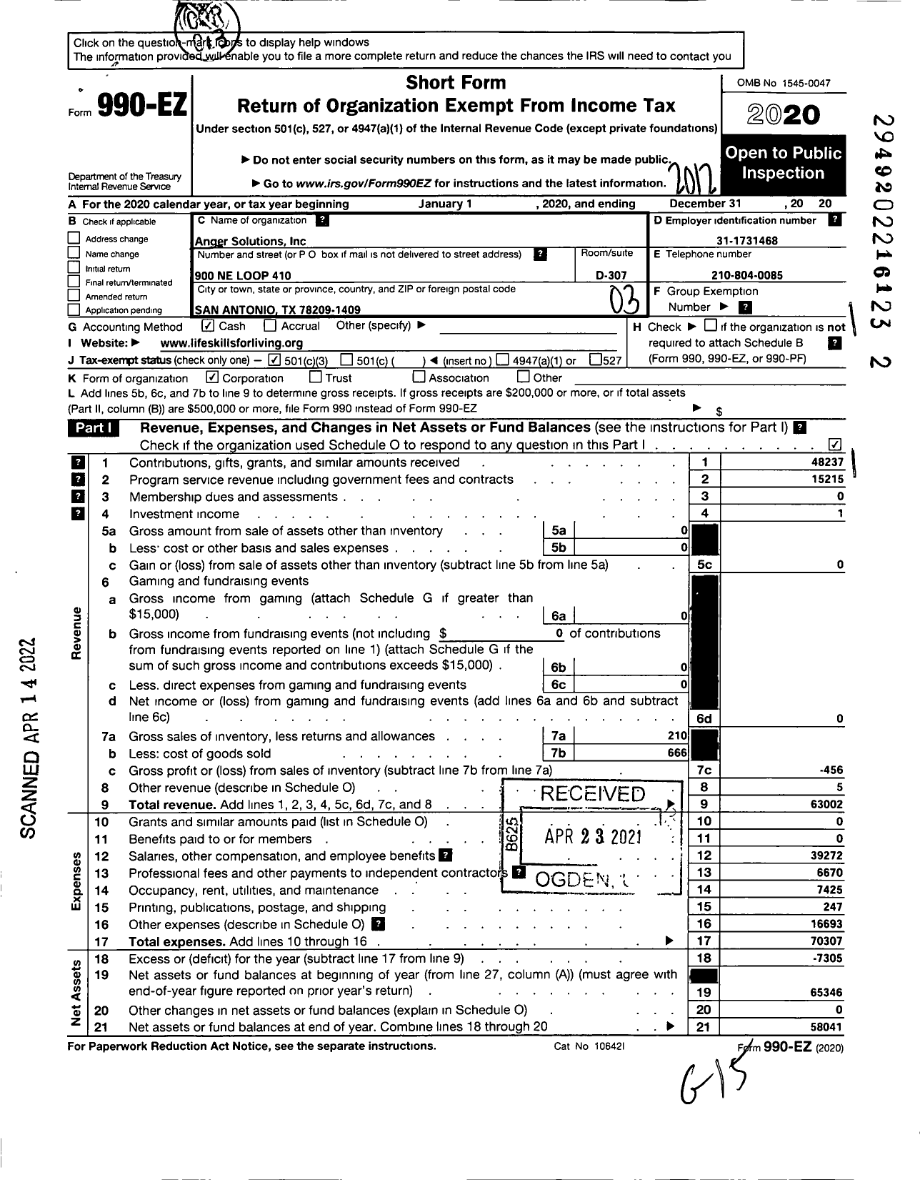 Image of first page of 2020 Form 990EZ for Anger Solutions