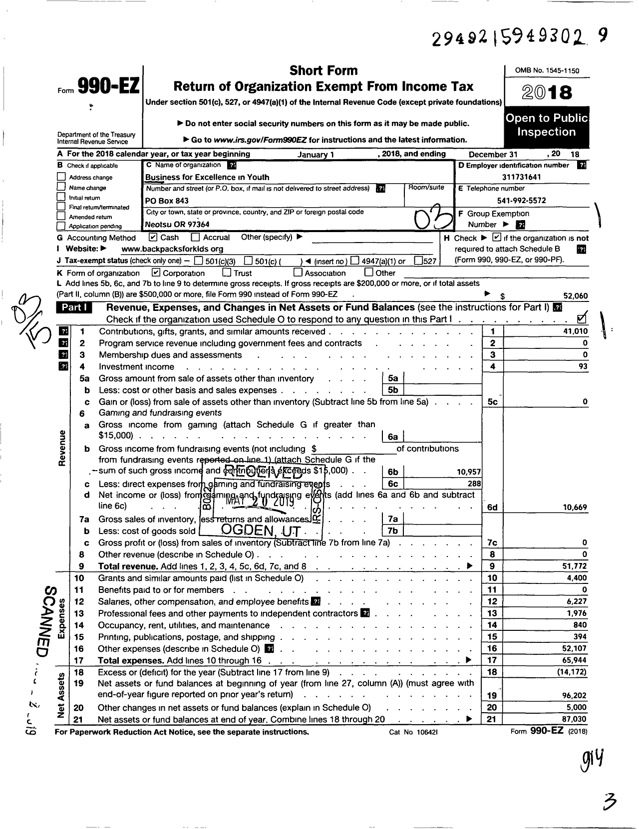 Image of first page of 2018 Form 990EZ for Business for Excellence in Youth