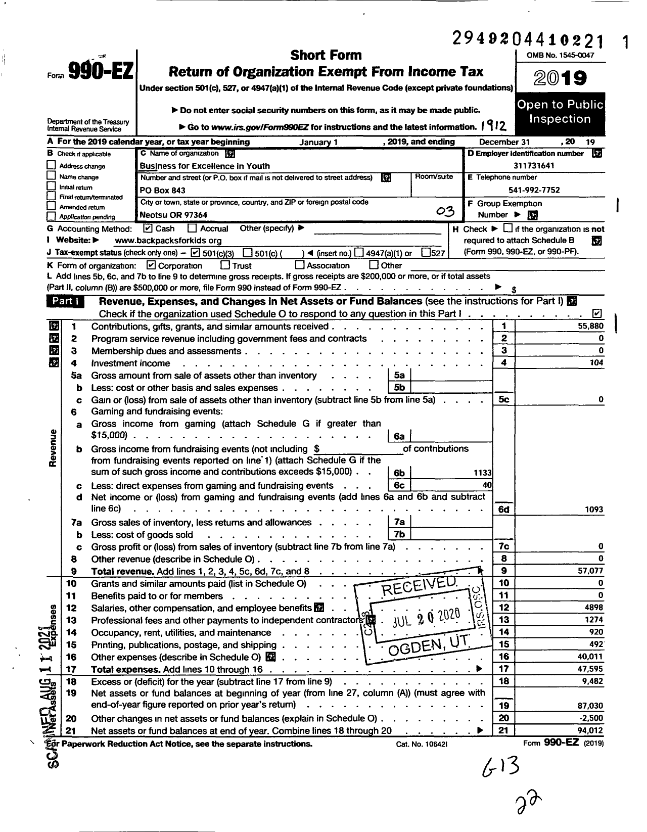 Image of first page of 2019 Form 990EZ for Business for Excellence in Youth