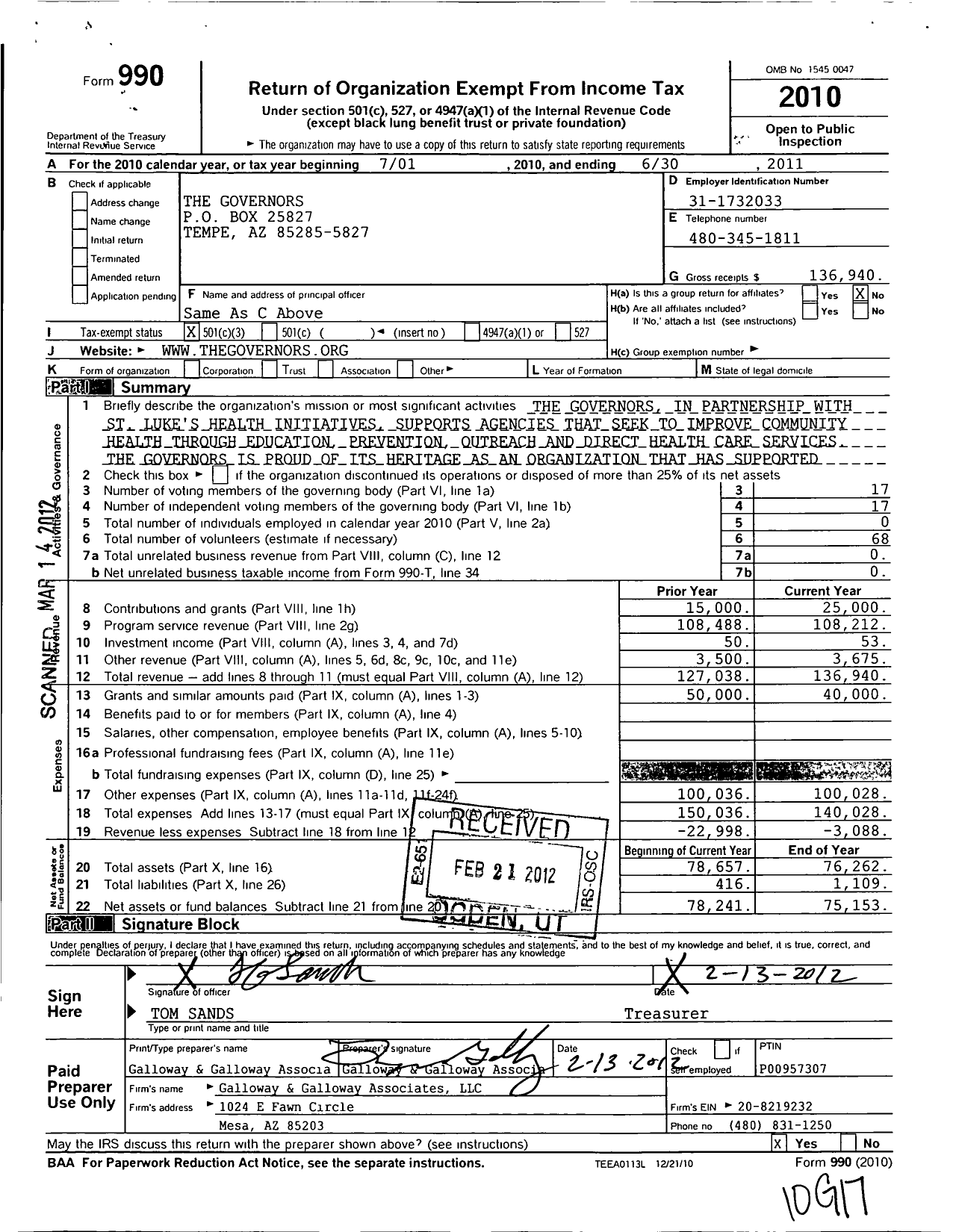 Image of first page of 2010 Form 990 for The Governors