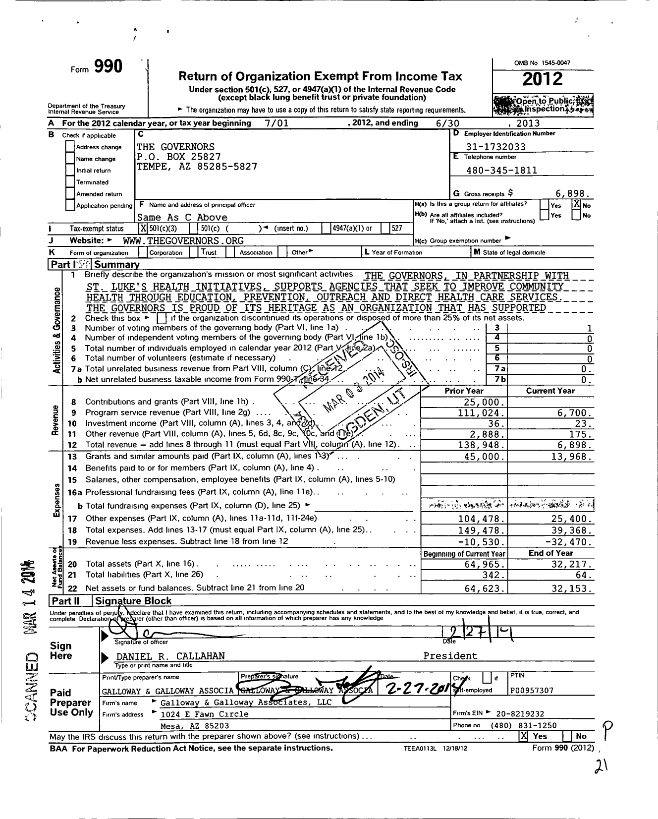 Image of first page of 2012 Form 990 for The Governors