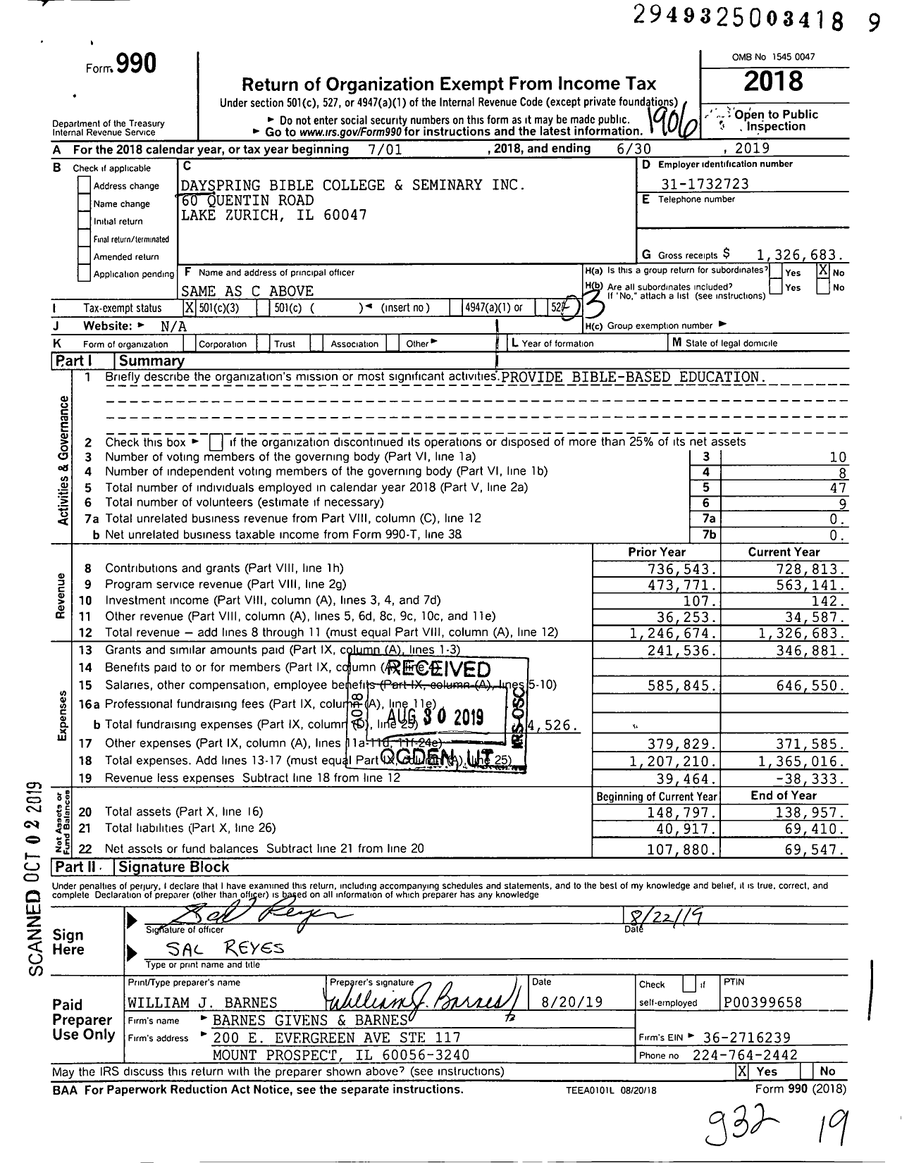 Image of first page of 2018 Form 990 for Dayspring Bible College and Seminary