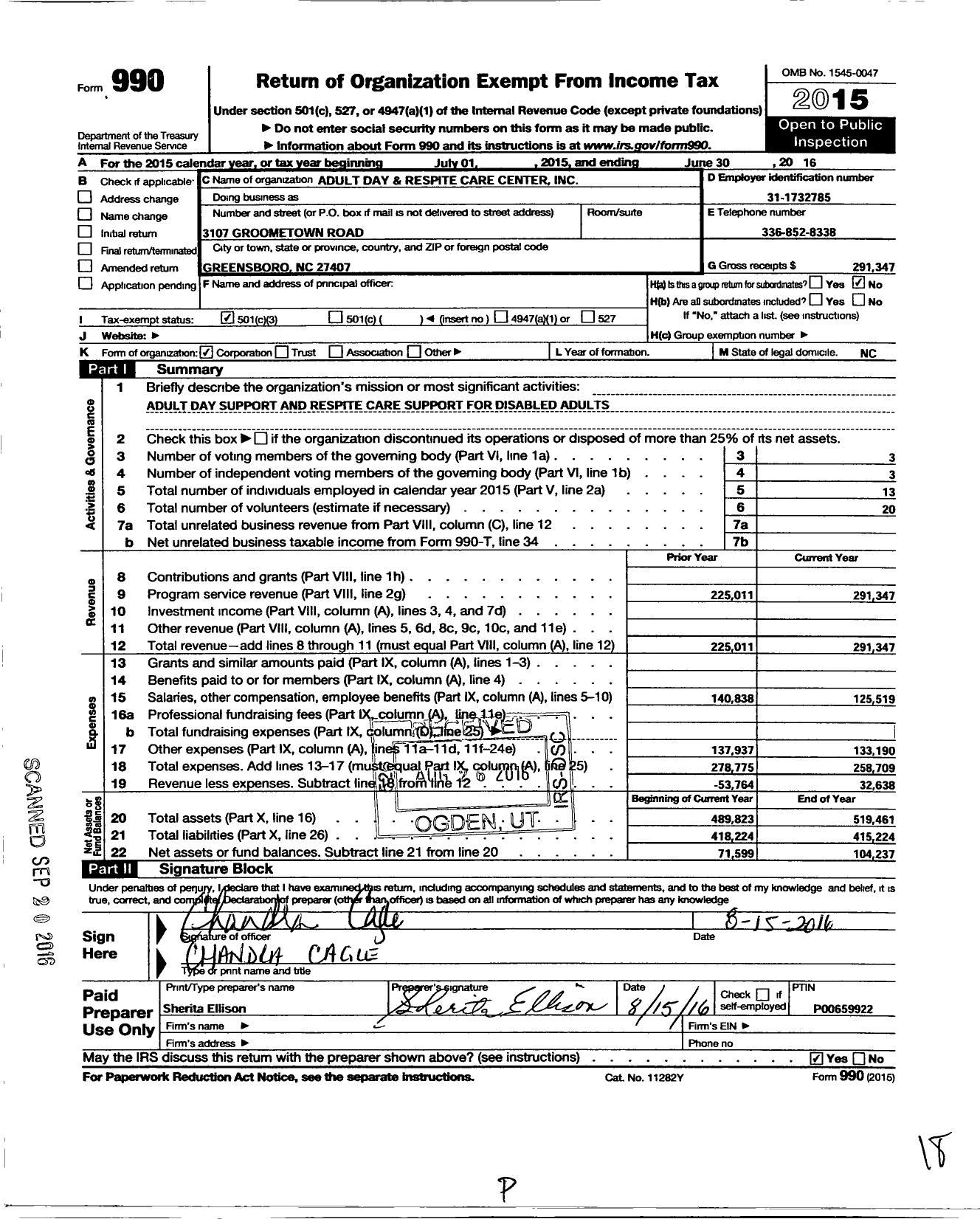 Image of first page of 2015 Form 990 for ADULT Day AND Respite Care Center