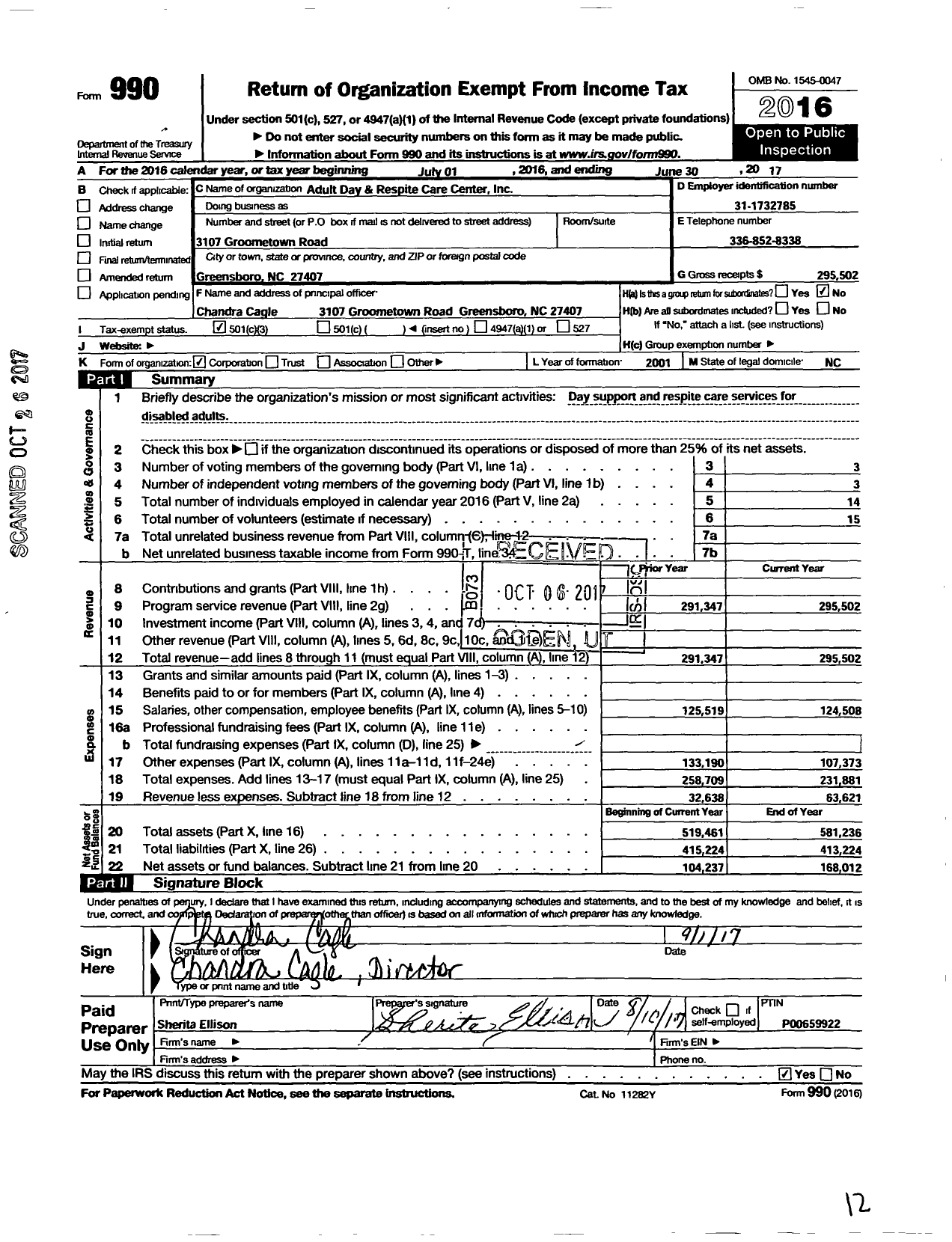 Image of first page of 2016 Form 990 for ADULT Day AND Respite Care Center