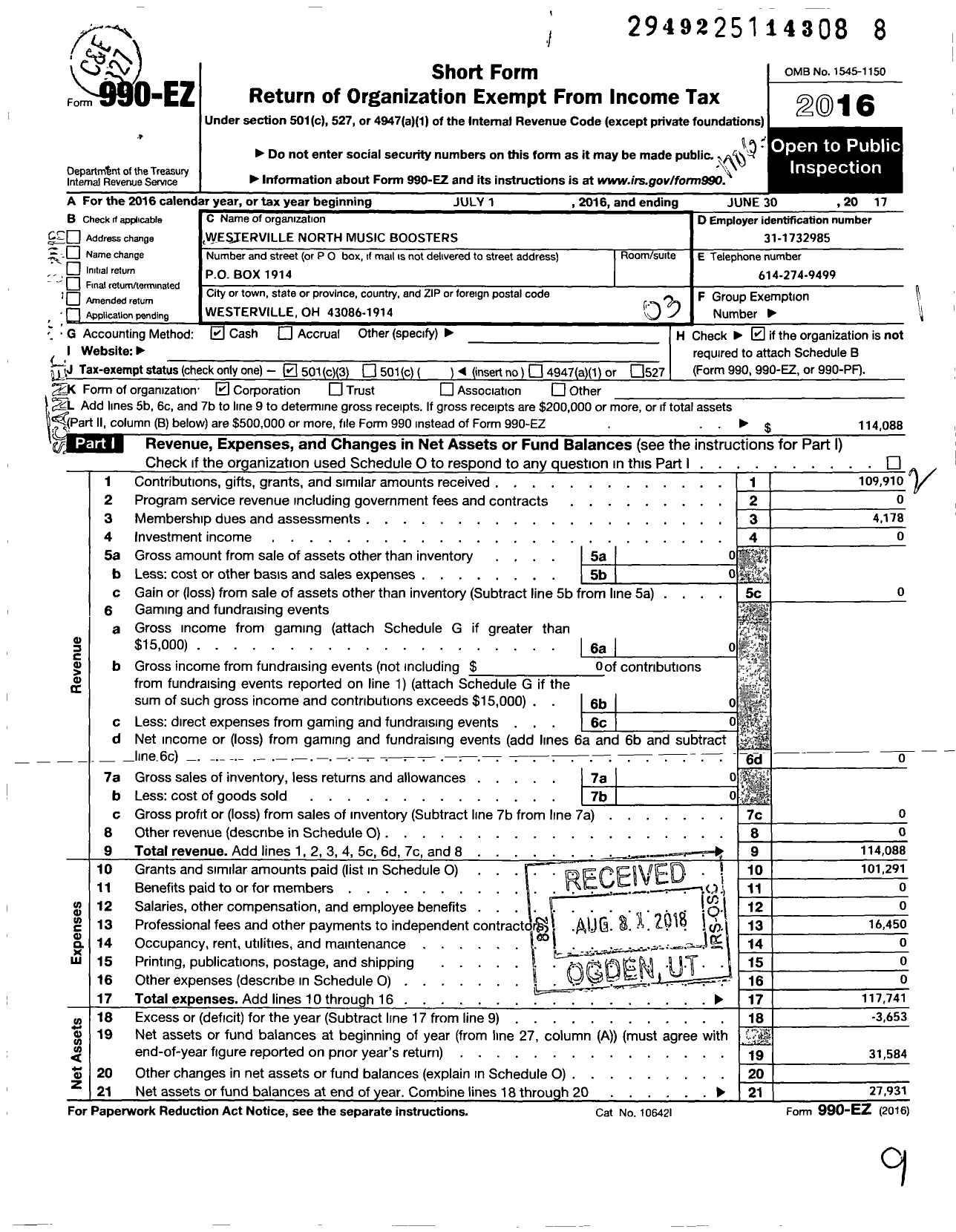 Image of first page of 2016 Form 990EZ for Westerville North Music Boosters