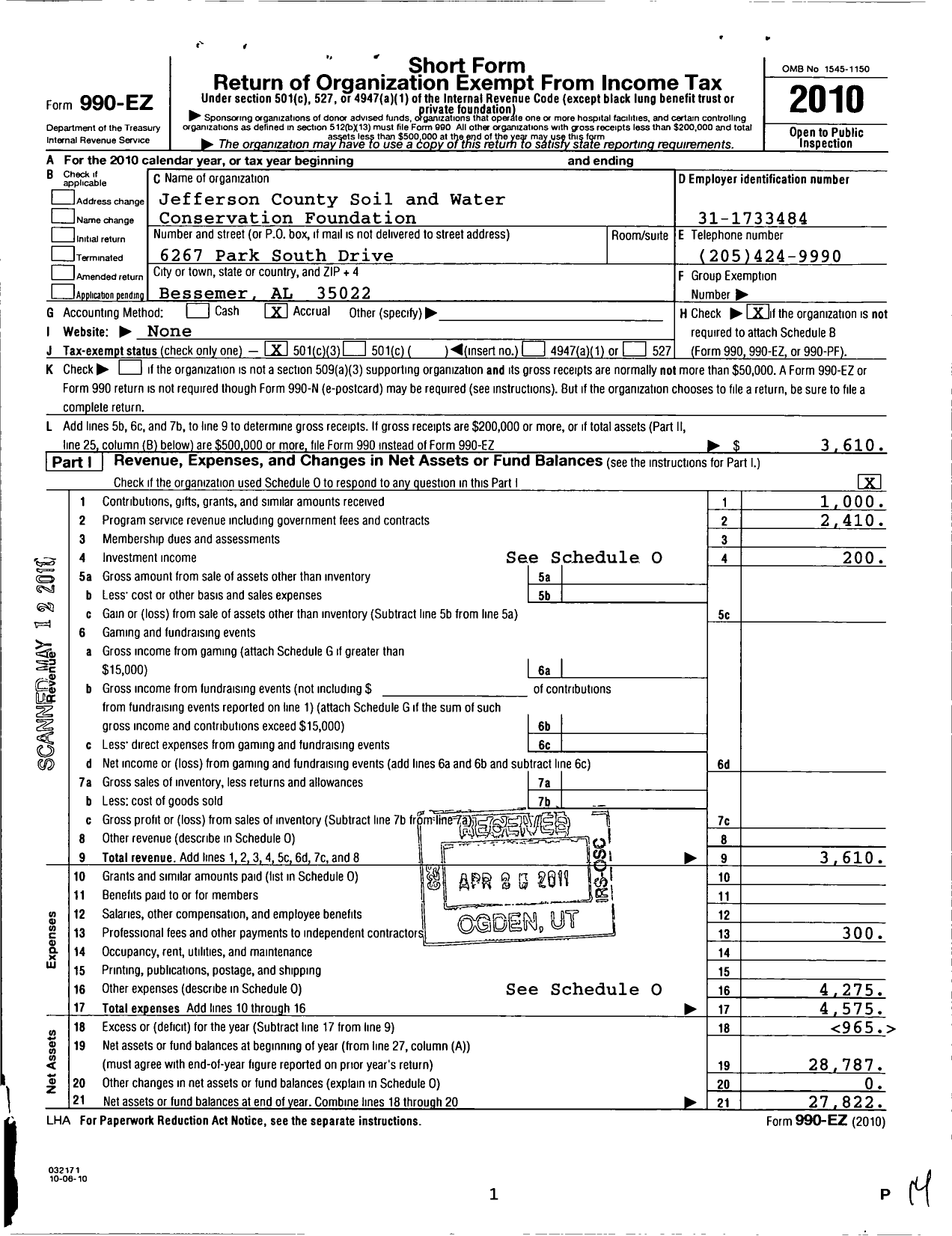 Image of first page of 2010 Form 990EZ for Jefferson County Soil and Water Conservation Foundation