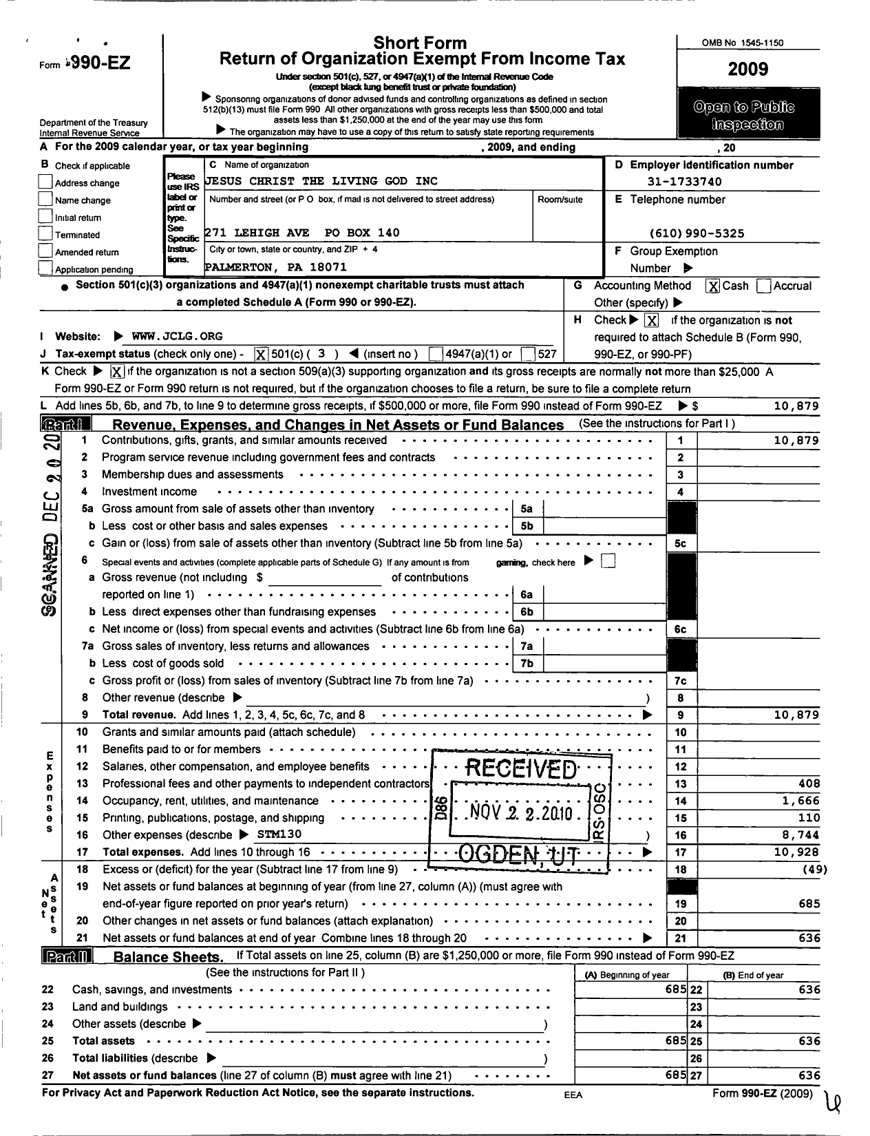 Image of first page of 2009 Form 990EZ for Jesus Christ the Living God Ministries