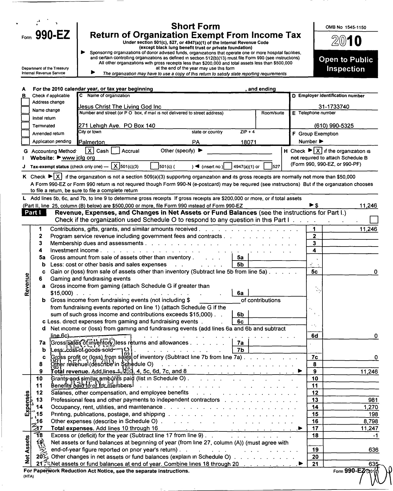 Image of first page of 2010 Form 990EZ for Jesus Christ the Living God Ministries