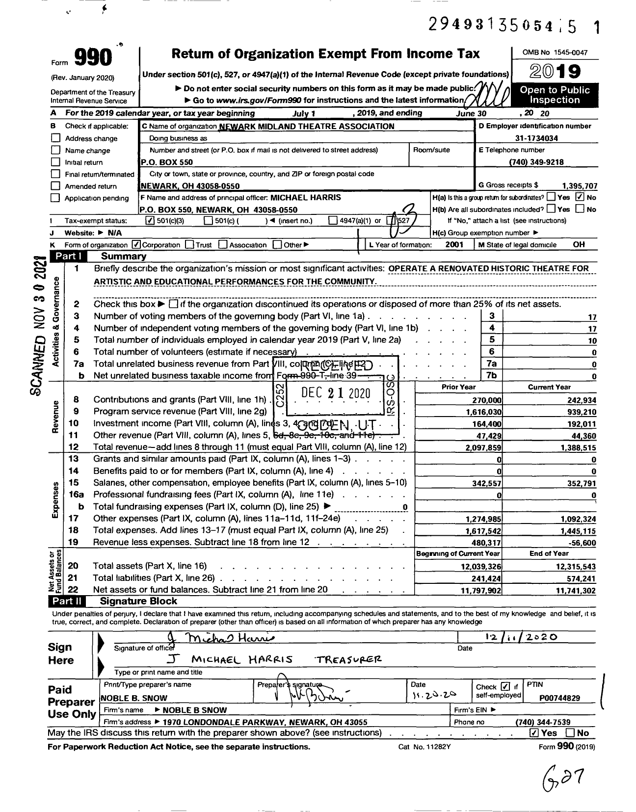 Image of first page of 2019 Form 990 for Newark Midland Theatre Association