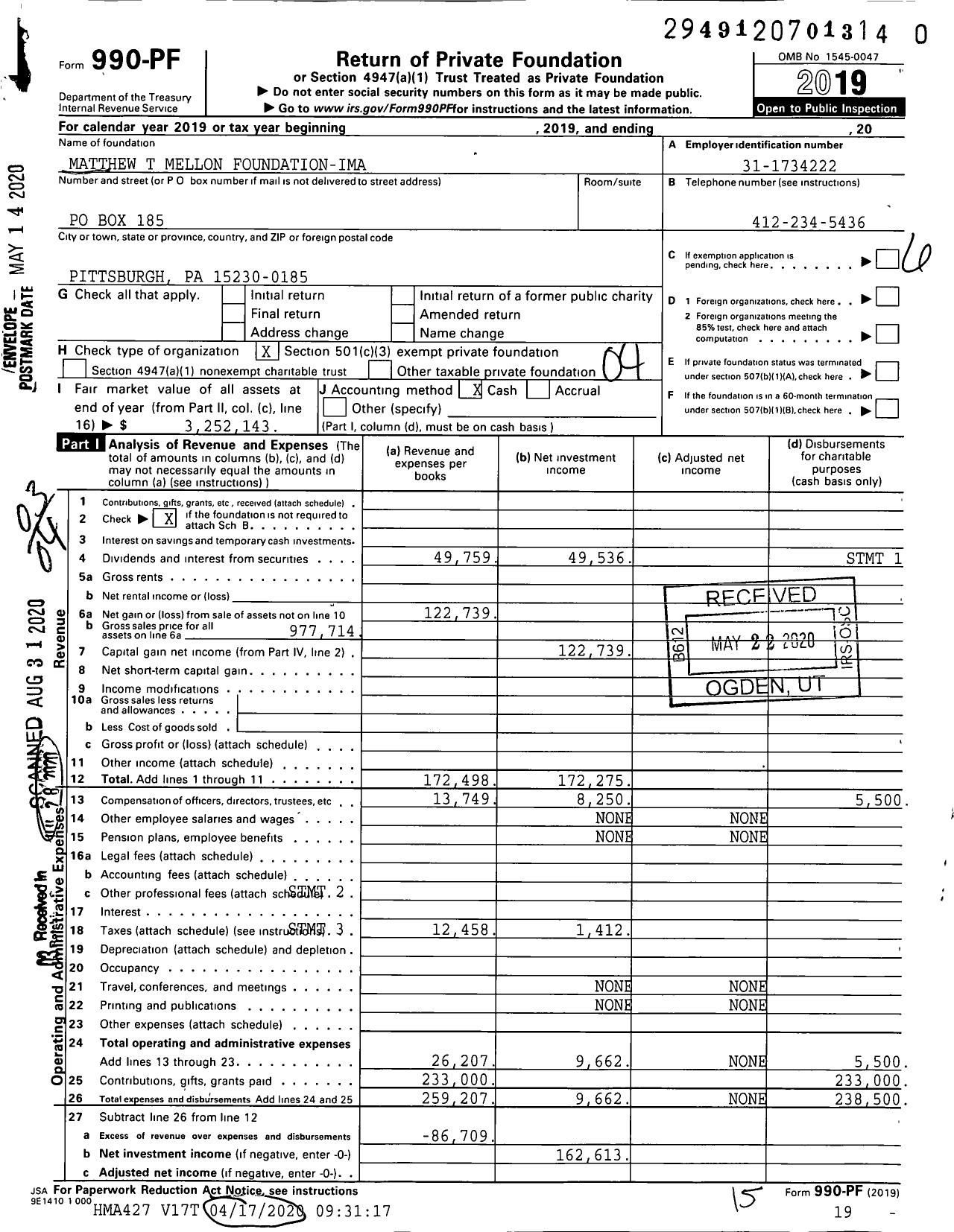 Image of first page of 2019 Form 990PR for Matthew T Mellon Foundation-Ima