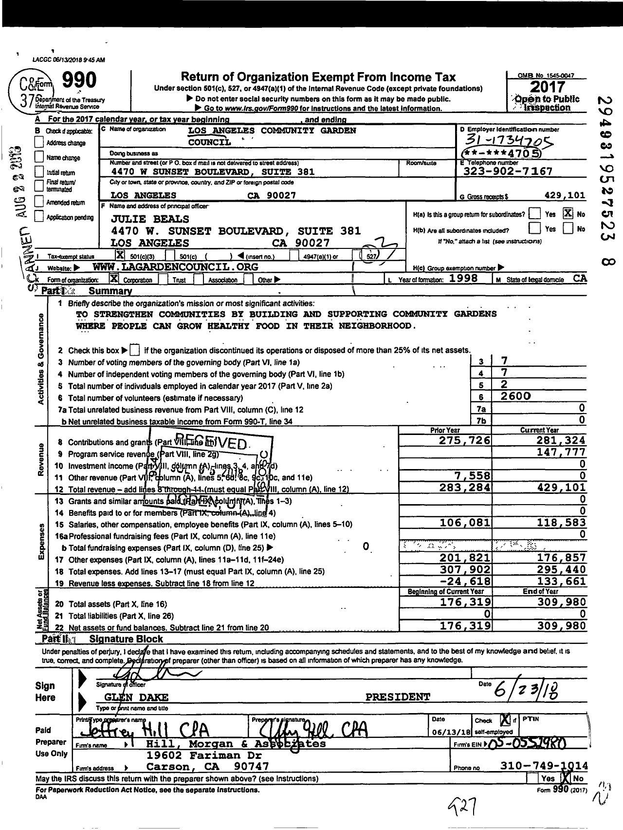 Image of first page of 2017 Form 990 for Los Angeles Community Garden Council