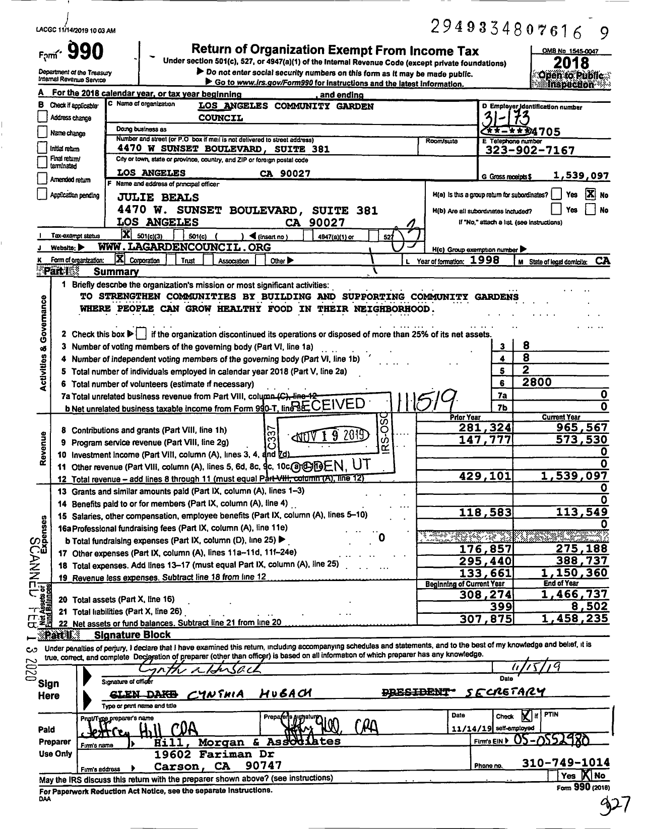 Image of first page of 2018 Form 990 for Los Angeles Community Garden Council