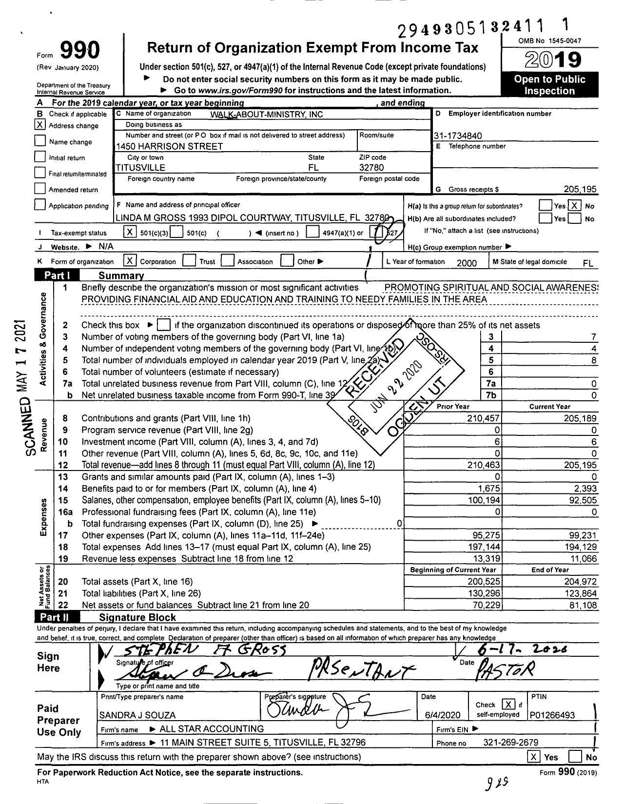 Image of first page of 2019 Form 990 for Walk-About-Ministry