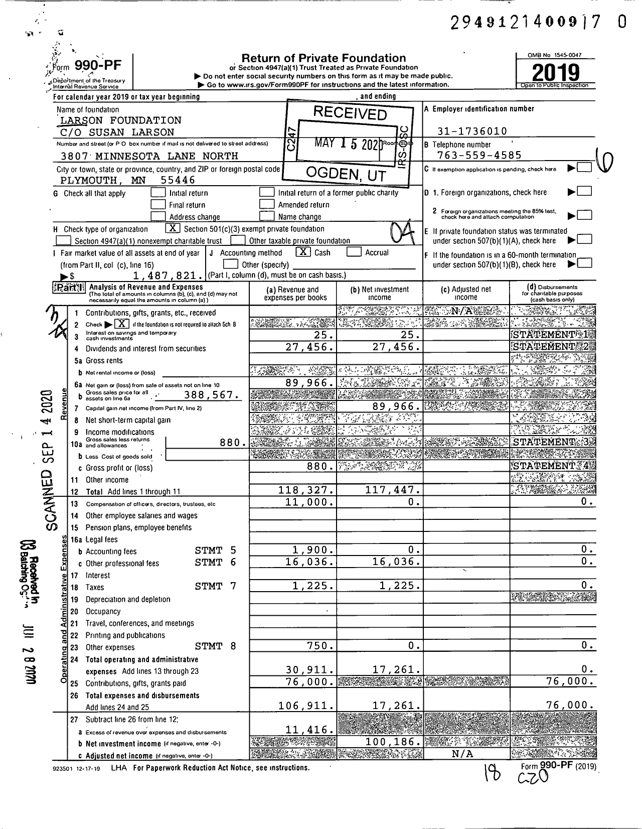 Image of first page of 2019 Form 990PR for Larson Foundation
