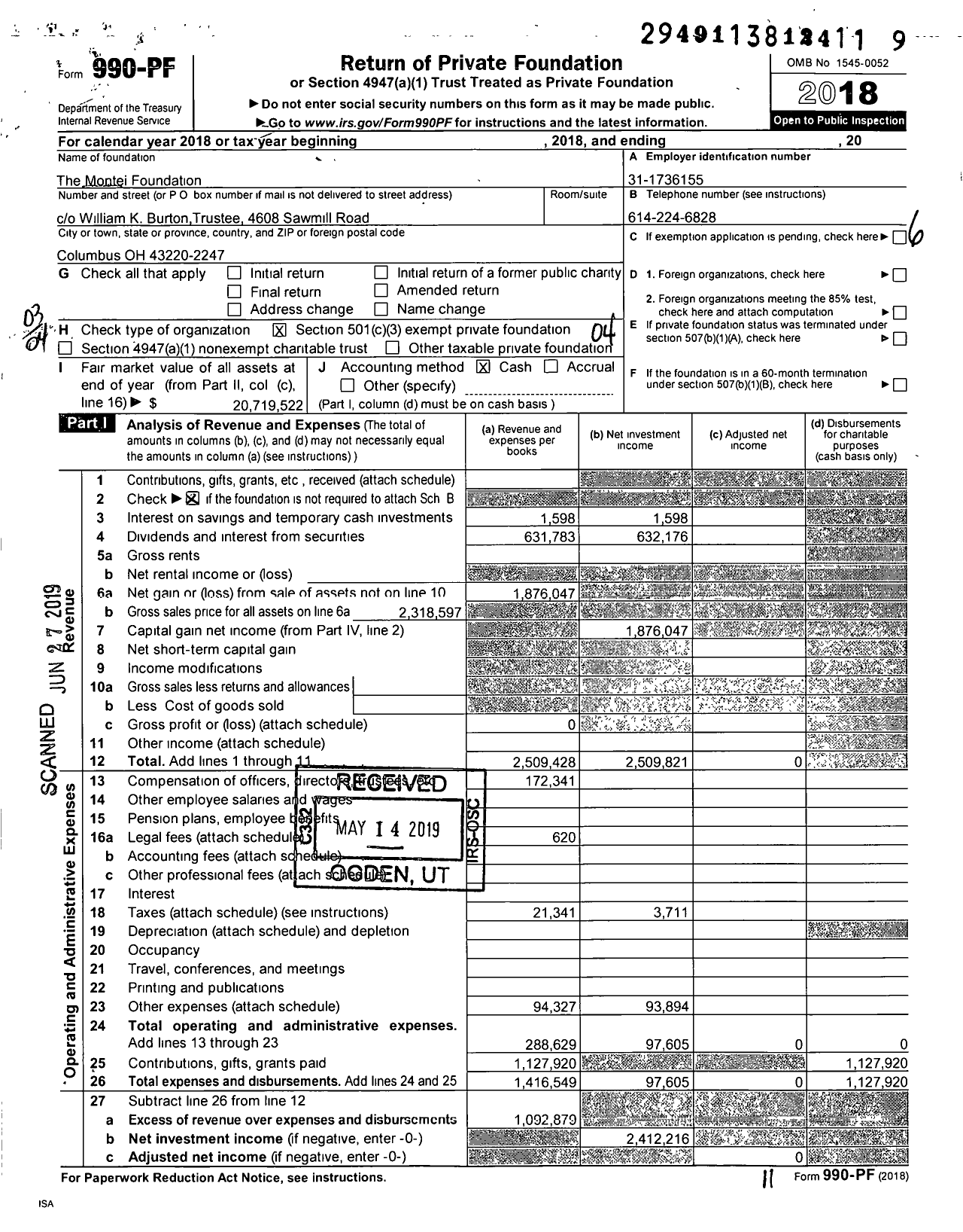 Image of first page of 2018 Form 990PF for The Montei Foundation