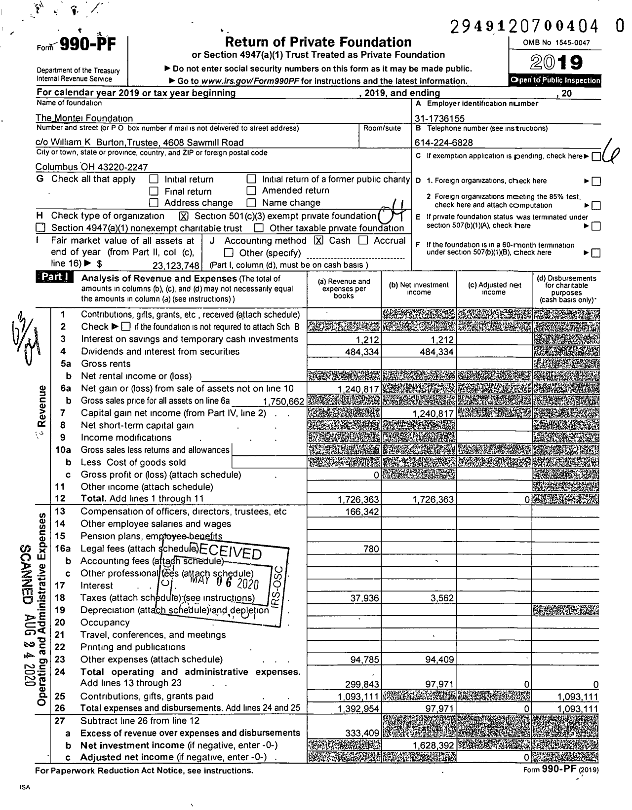 Image of first page of 2019 Form 990PR for The Montei Foundation