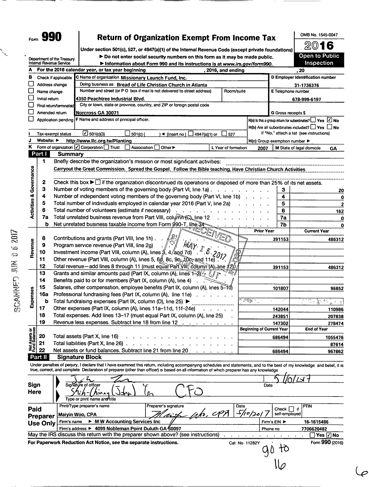 Image of first page of 2016 Form 990 for Missionary Launch Fund