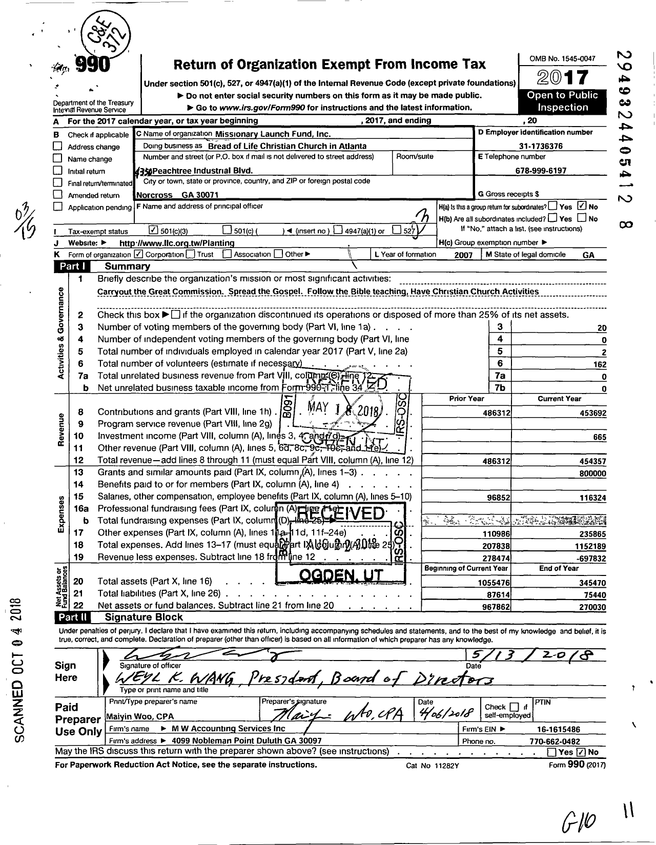 Image of first page of 2017 Form 990 for Missionary Launch Fund