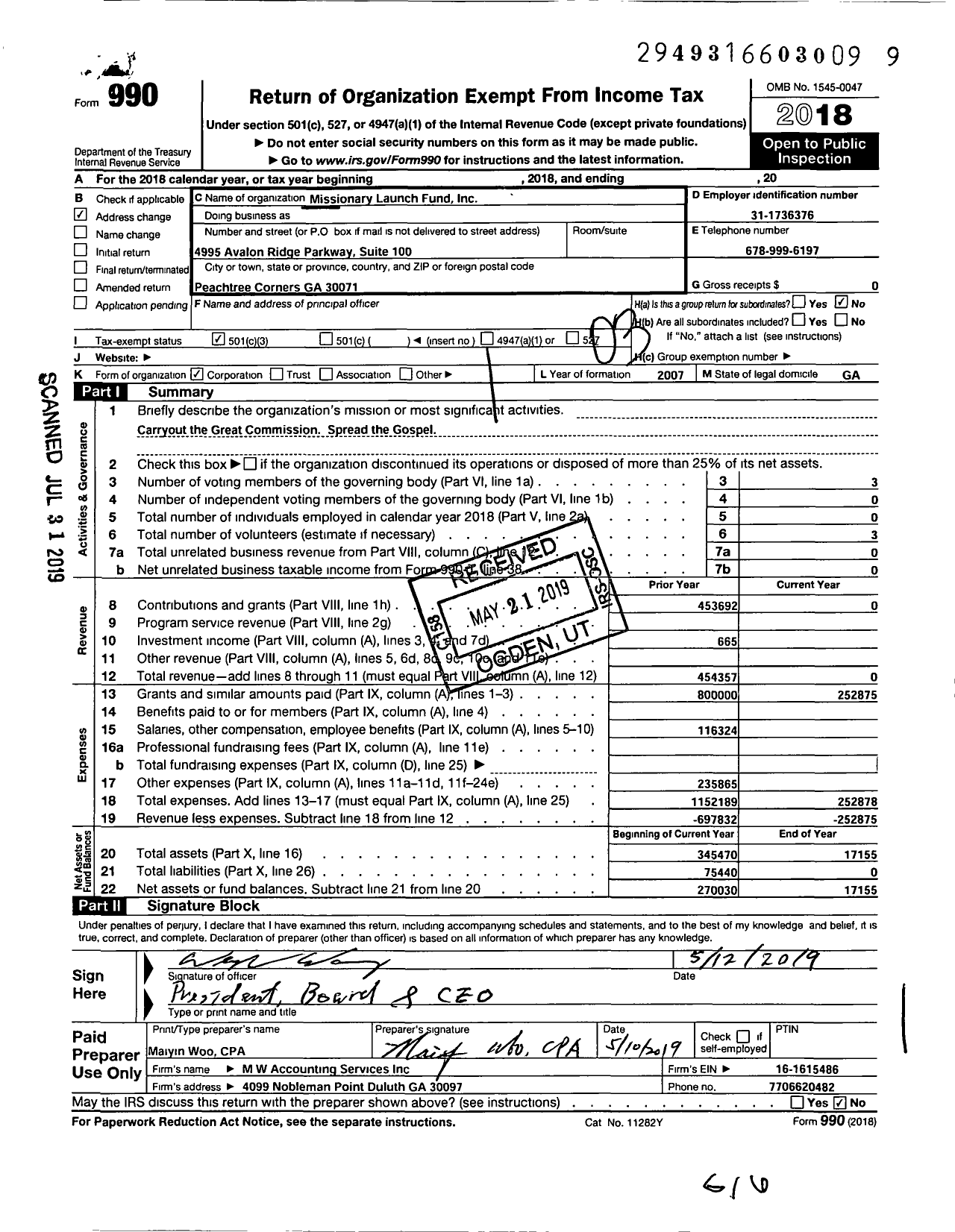 Image of first page of 2018 Form 990 for Missionary Launch Fund