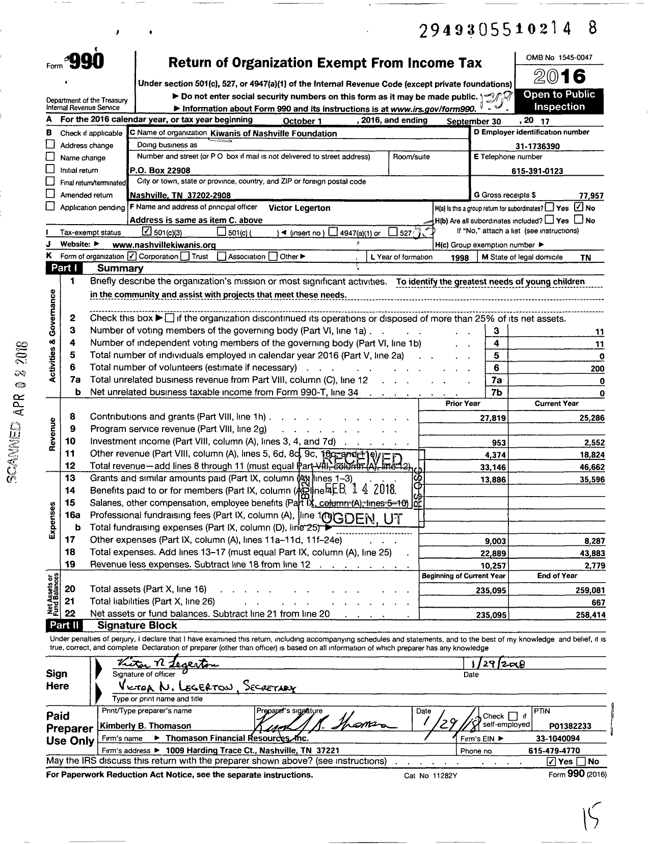 Image of first page of 2016 Form 990 for Kiwanis of Nashville Foundation