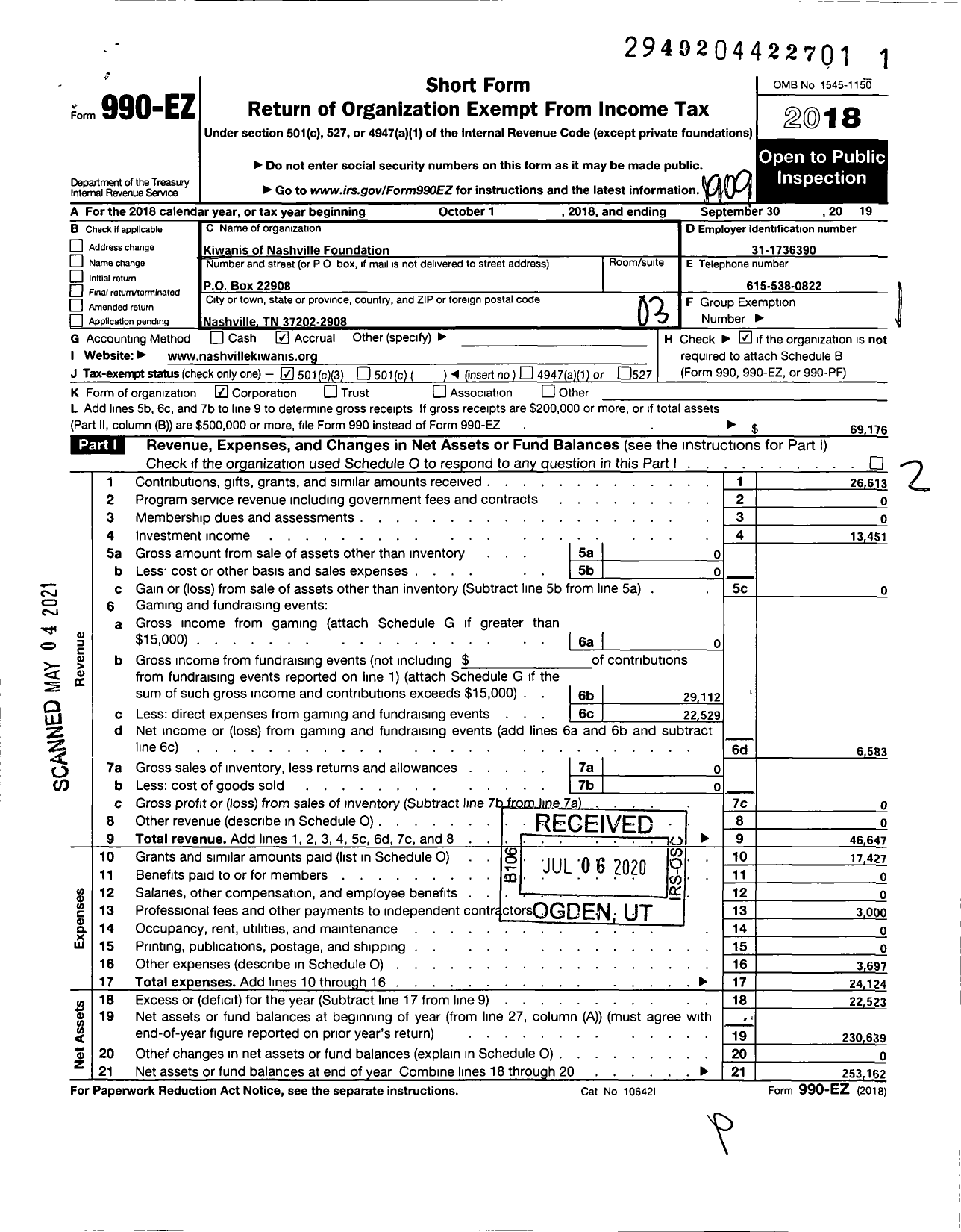 Image of first page of 2018 Form 990EZ for Kiwanis of Nashville Foundation