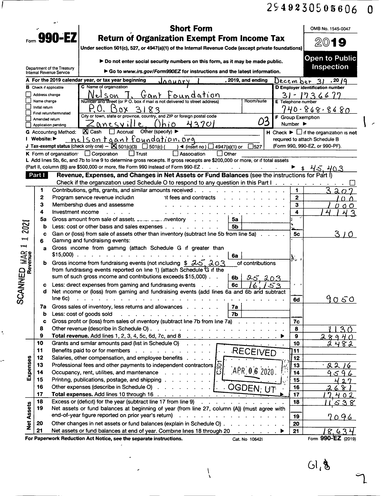 Image of first page of 2019 Form 990EZ for Nelson T Gant Foundation