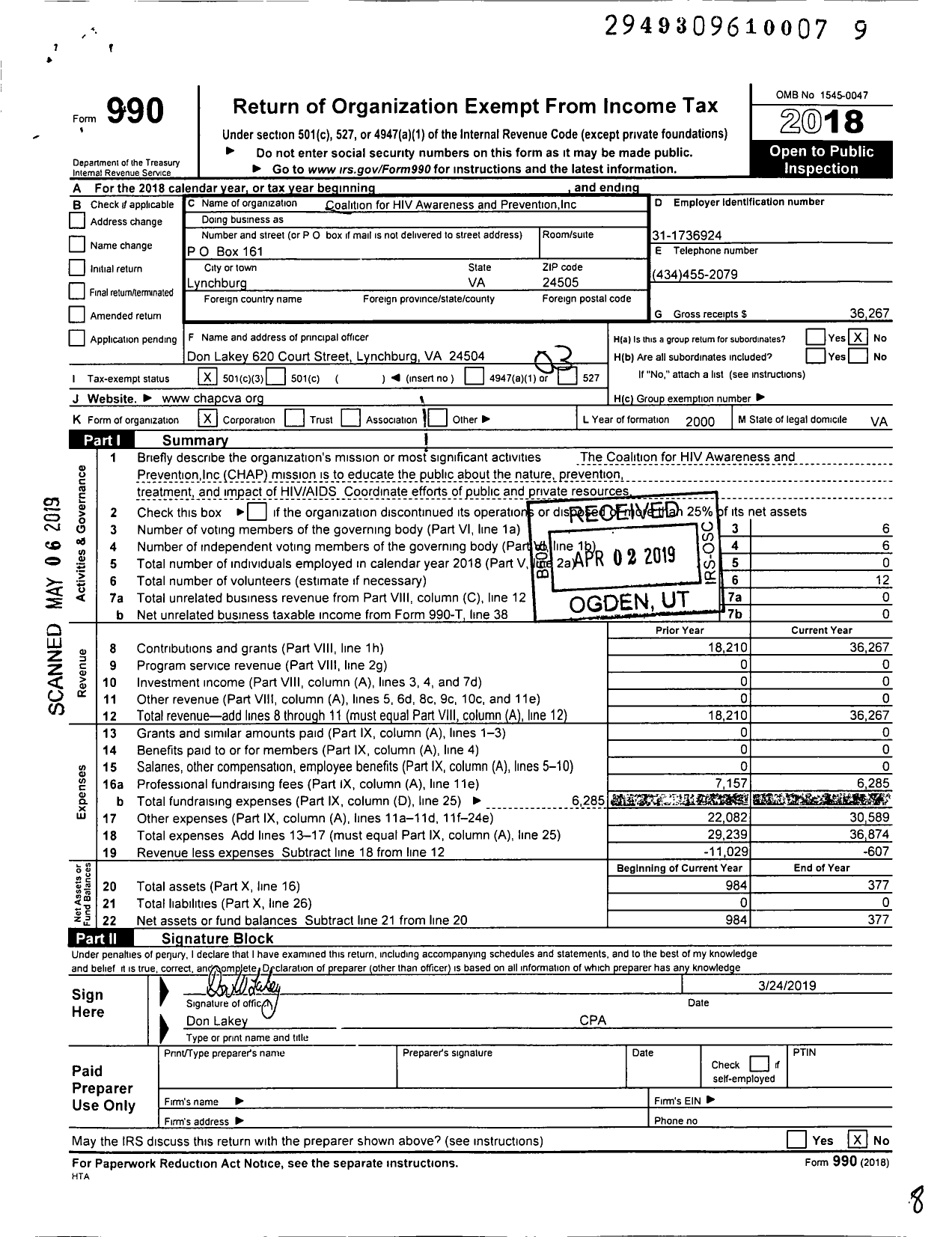 Image of first page of 2018 Form 990 for Coalition for HIV Awareness and Prevention