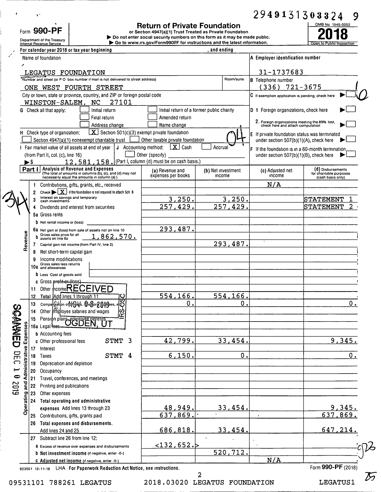 Image of first page of 2018 Form 990PF for Legatus Foundation