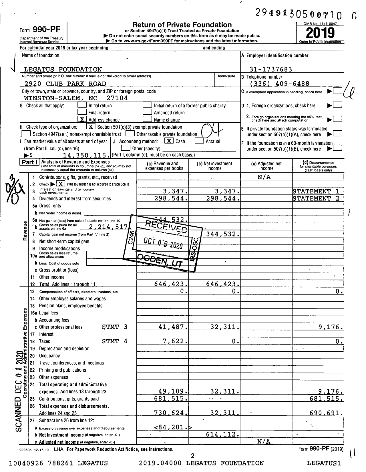 Image of first page of 2019 Form 990PF for Legatus Foundation