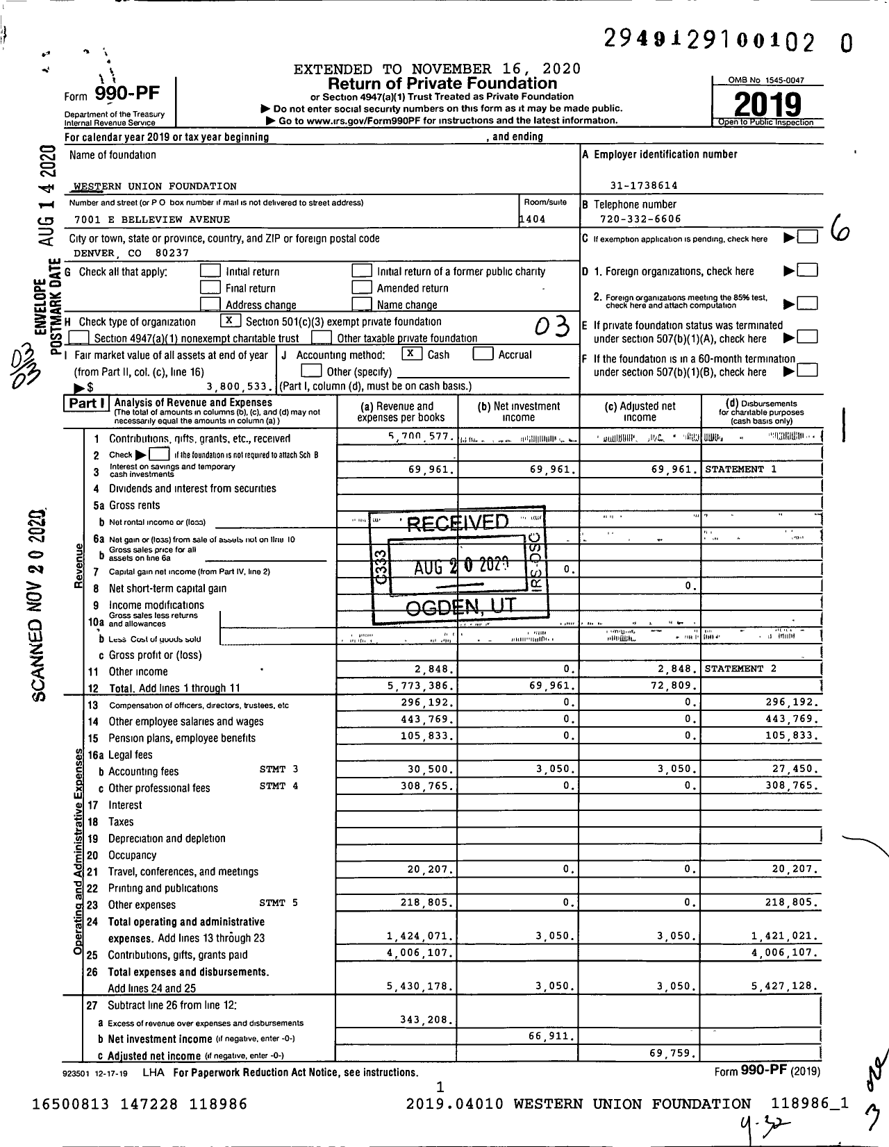 Image of first page of 2019 Form 990PF for Western Union Foundation