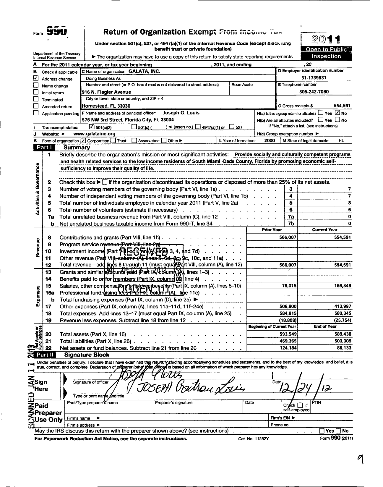 Image of first page of 2011 Form 990 for Galata