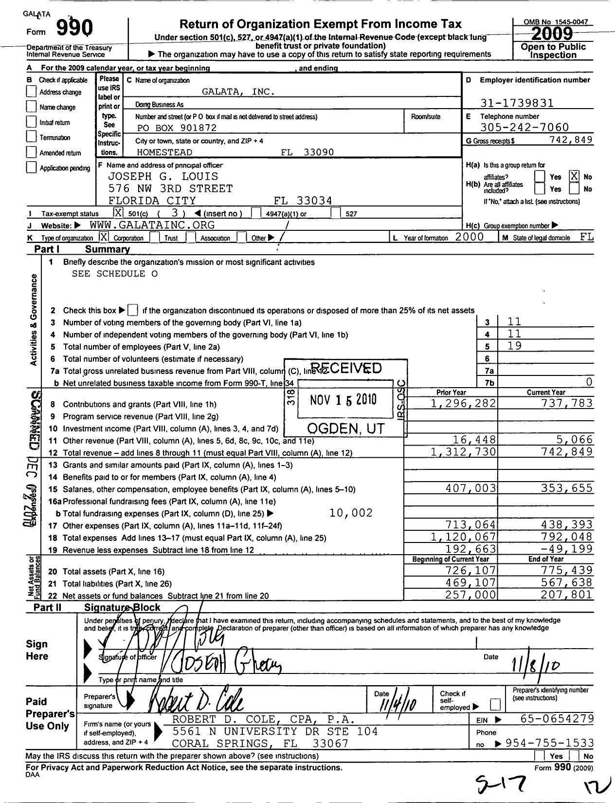 Image of first page of 2009 Form 990 for Galata