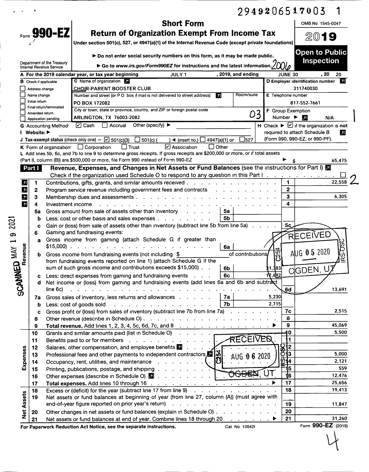 Image of first page of 2019 Form 990EZ for Choir-Parent Booster Club