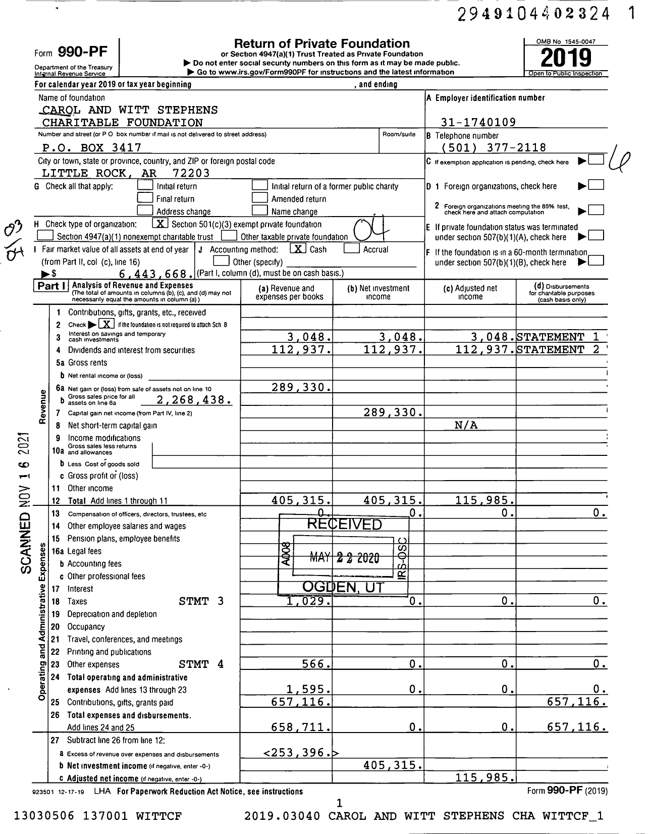 Image of first page of 2019 Form 990PF for Carol and Witt Stephens Charitable Foundation