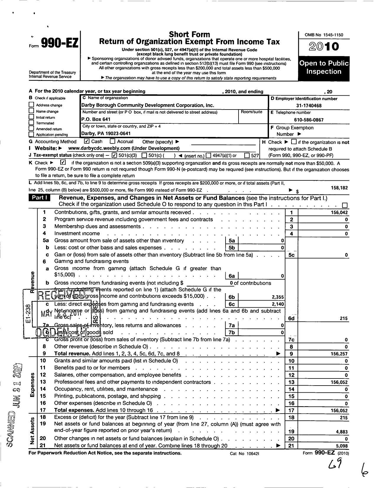 Image of first page of 2010 Form 990EZ for Darby Borough Community Development Corporation