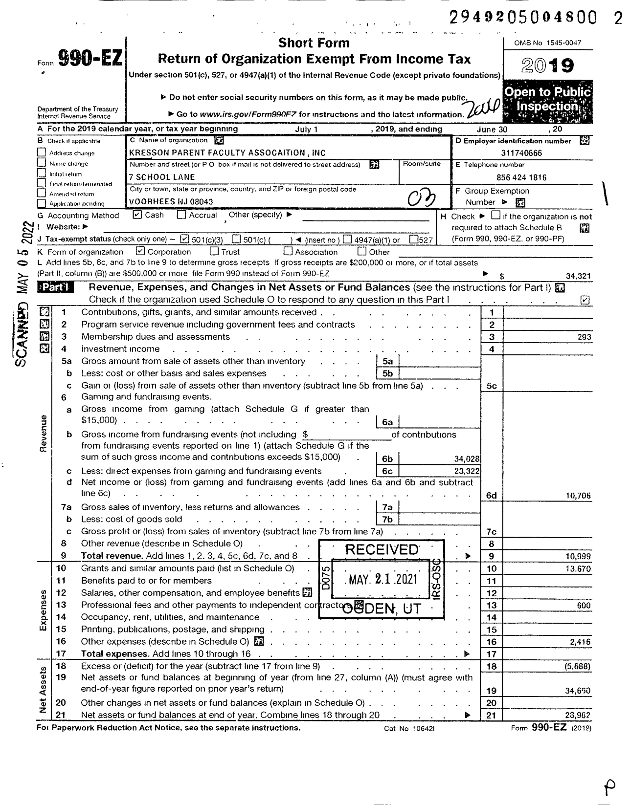 Image of first page of 2019 Form 990EZ for Kresson Parent Faculty Association