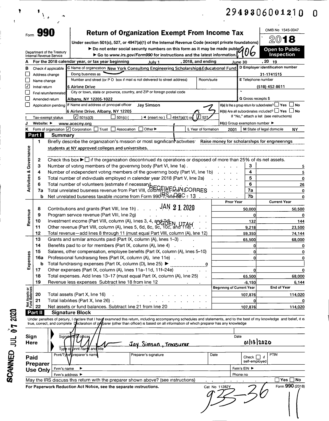 Image of first page of 2018 Form 990 for New York Consulting Engineering Scholarship and Educational Fund