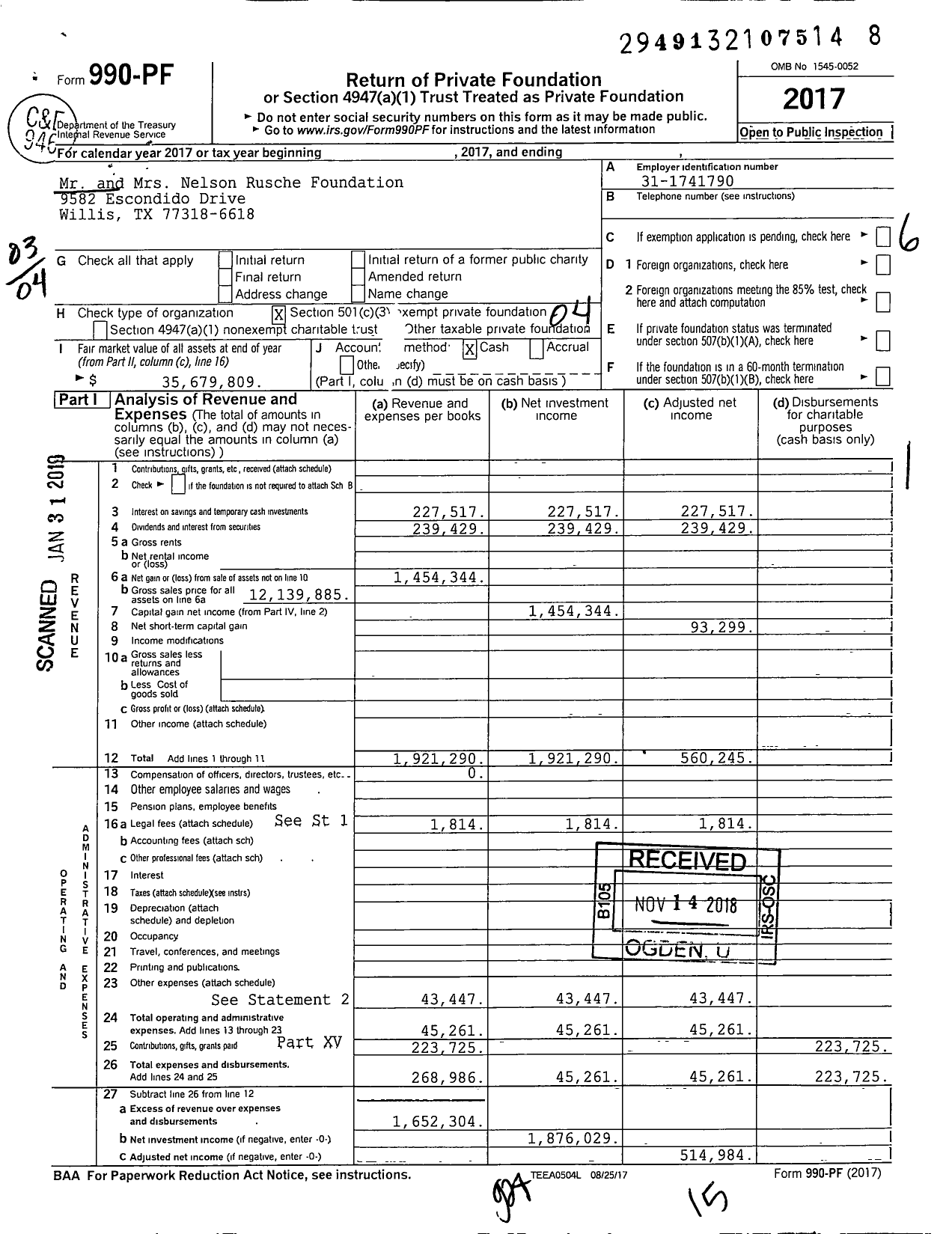 Image of first page of 2017 Form 990PF for Mr and Mrs Nelson Rusche Foundation