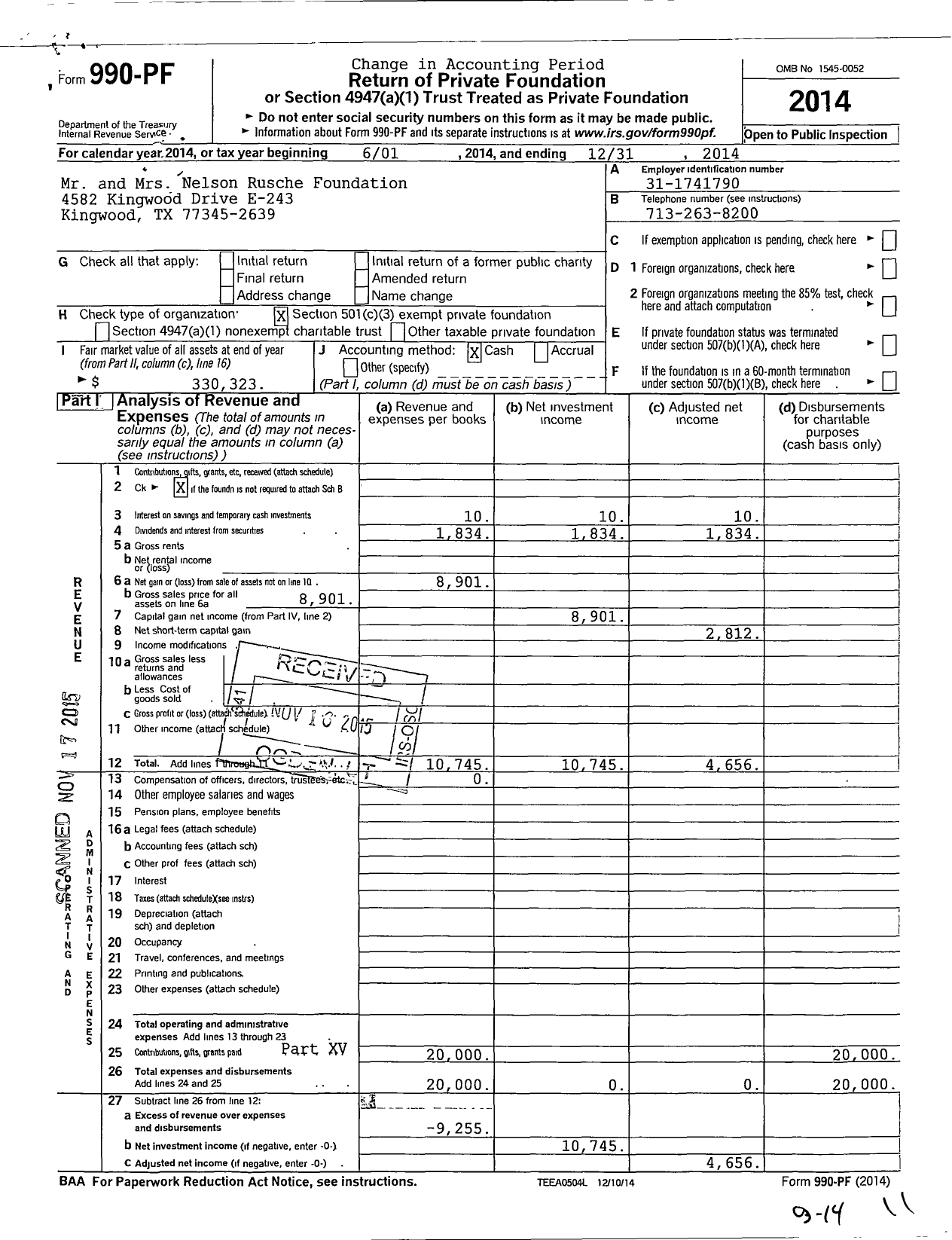 Image of first page of 2014 Form 990PF for Mr and Mrs Nelson Rusche Foundation