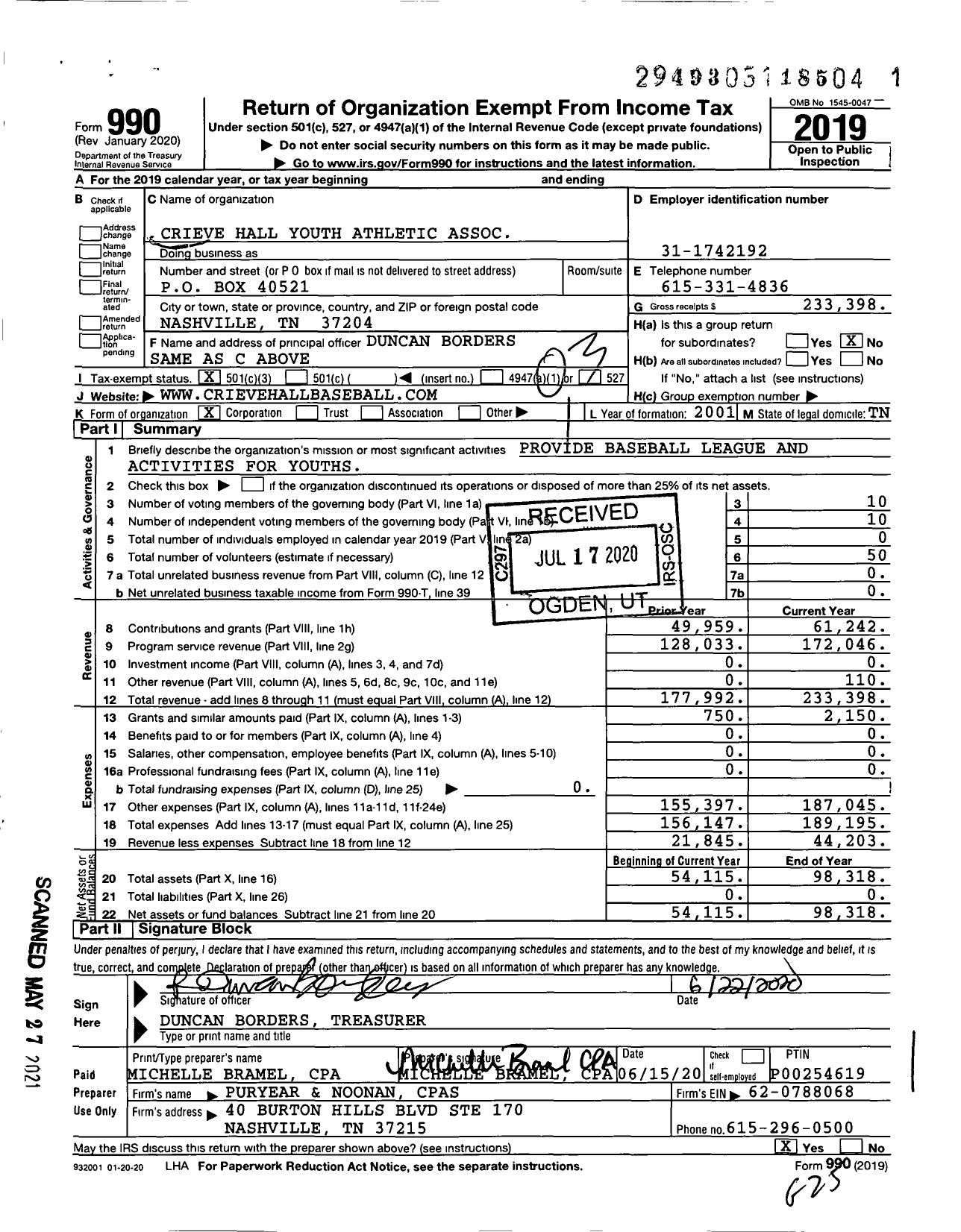 Image of first page of 2019 Form 990 for Crieve Hall Youth Athletic Association