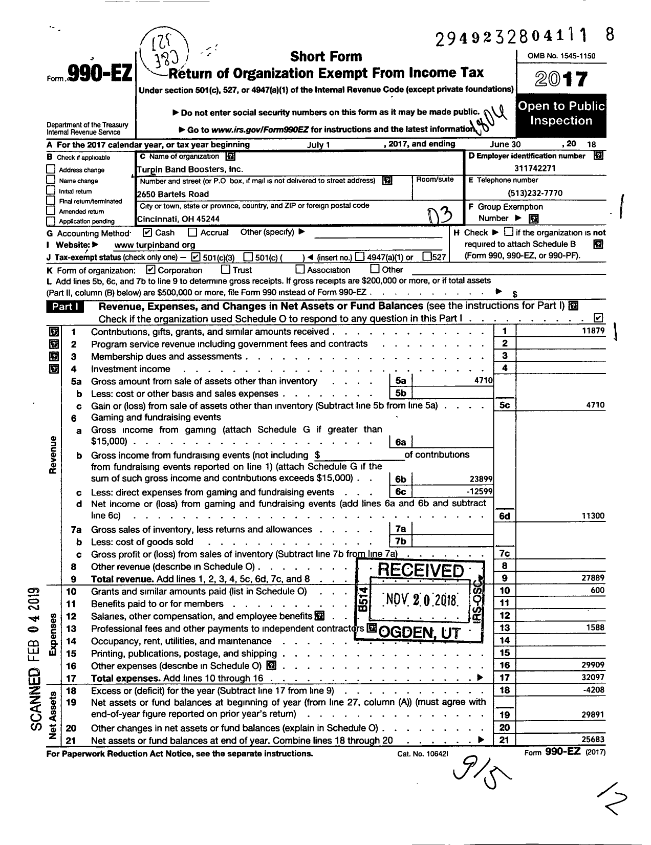 Image of first page of 2017 Form 990EZ for Forest Hills Band Boosters