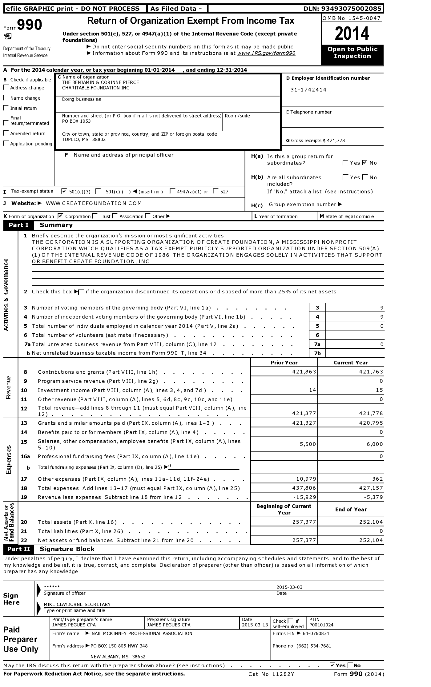 Image of first page of 2014 Form 990 for The Benjamin and Corinne Pierce Charitable Foundation