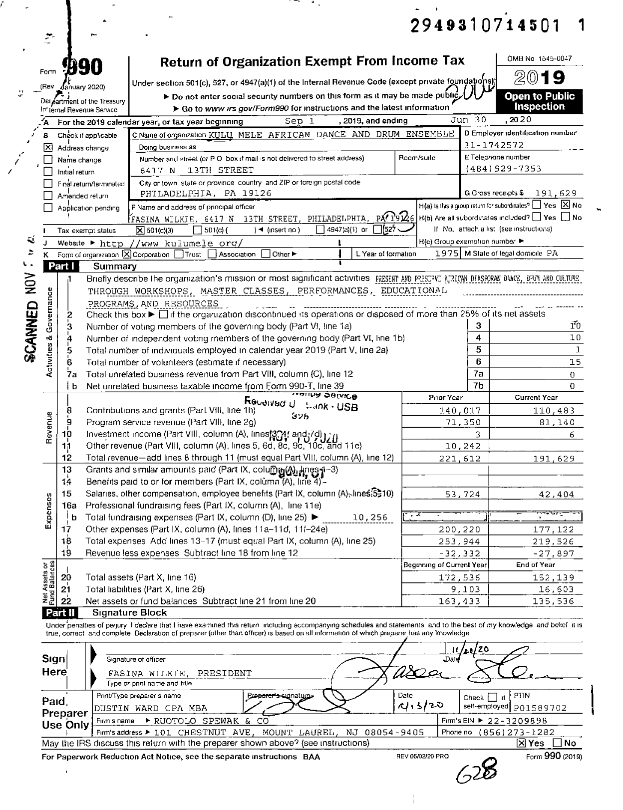 Image of first page of 2019 Form 990 for Kulu Mele African Dance and Drum Ensemble