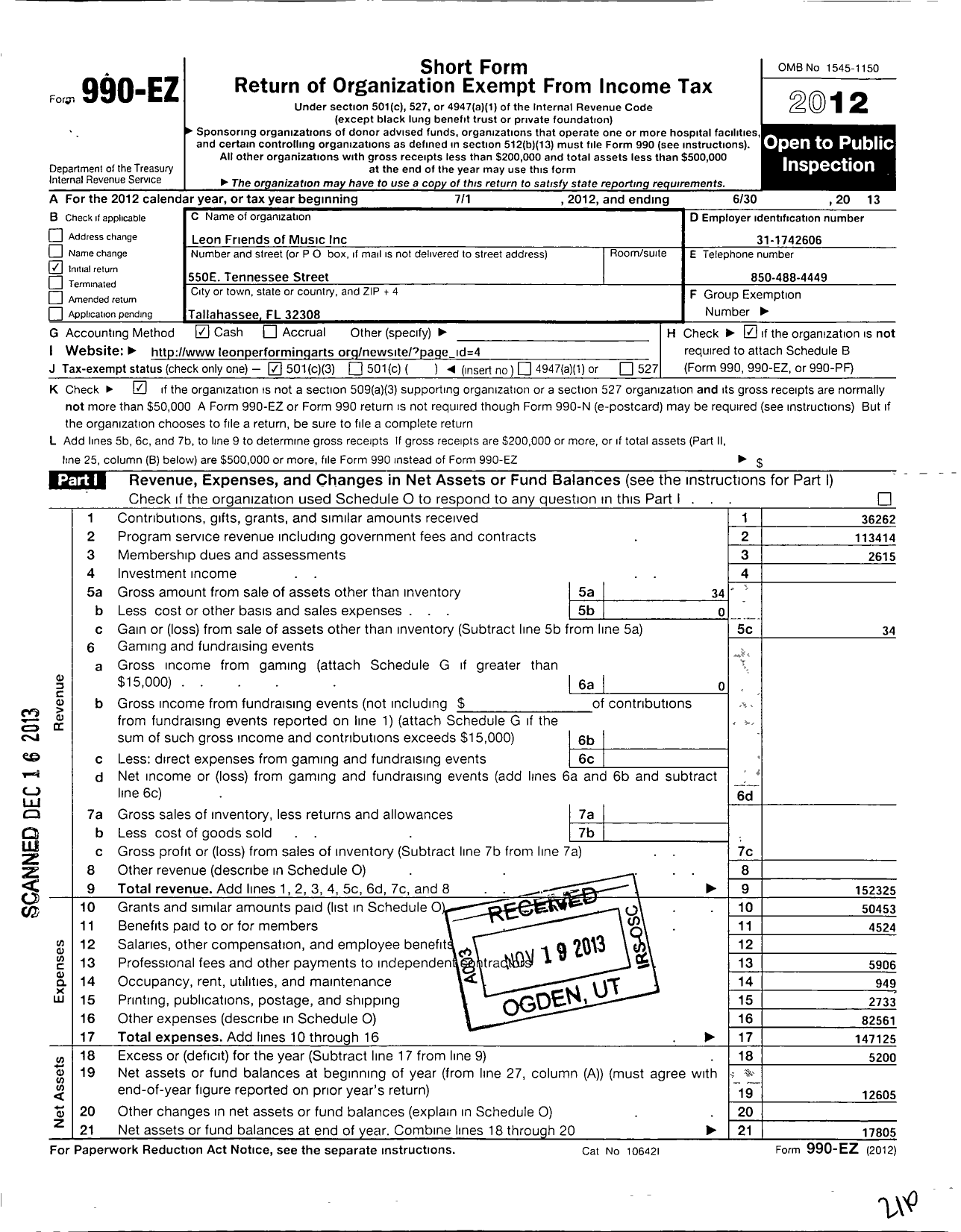 Image of first page of 2012 Form 990EZ for Leon Friends of Music