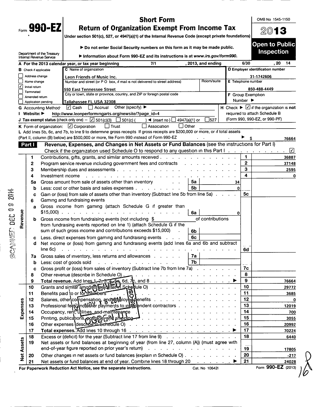 Image of first page of 2013 Form 990EZ for Leon Friends of Music