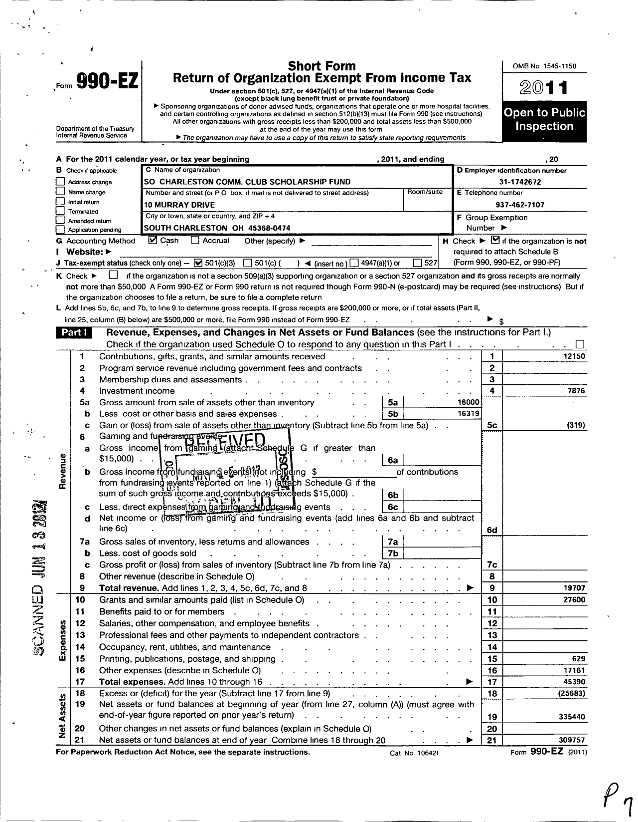 Image of first page of 2011 Form 990EZ for So Charleston Comm Club Scholarship Fund