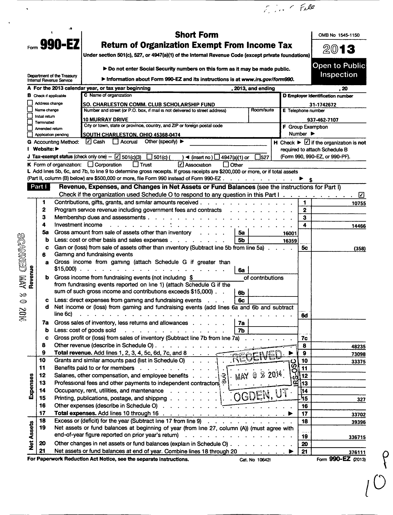 Image of first page of 2013 Form 990EZ for So Charleston Comm Club Scholarship Fund